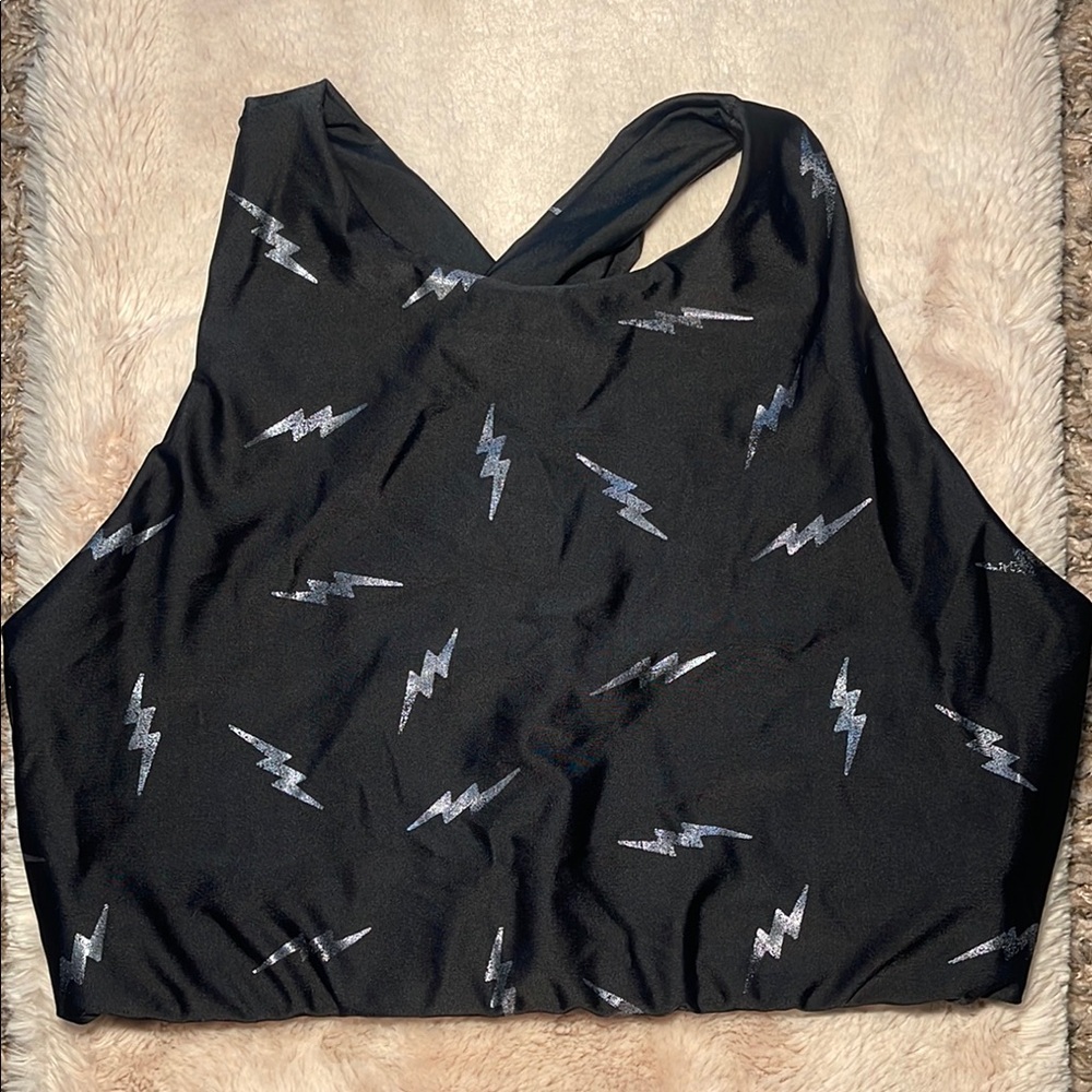 Emily Hsu Designs Black Workout Bra Tank with Silver Lightning Bolts
